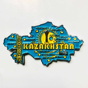 Imã Cazaquistão - Imã Geladeira Cazaquistão em Metal com Mapa, Bandeira, Cidades e Símbolos