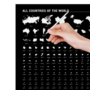 Combo - Mapa Mundi com 240 Países por Ordem de Tamanho e Maravilhas da Arquitetura - Preto - A2