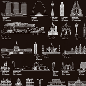 Combo - Mapa Mundi com 240 Países por Ordem de Tamanho e Maravilhas da Arquitetura - Preto - A2
