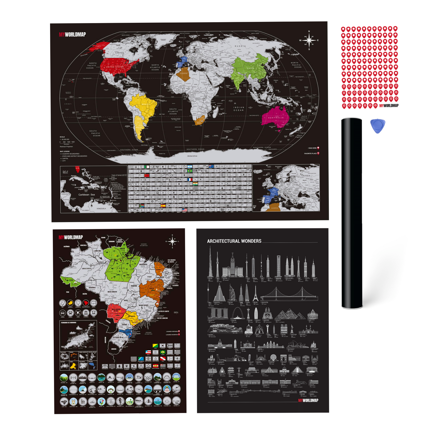 Megacombo Mapa Raspadinha - Mapa Mundi Raspar + Mapa Brasil + Maravilhas da Arquitetura + Adesivos Pins