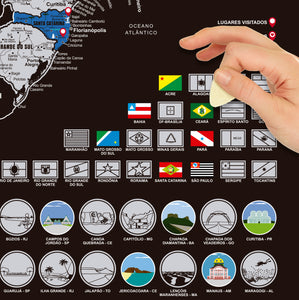 Mapa de Raspadinha do Brasil - Prata - Mapa de Raspar Viagens com Cidades, Ilhas, Bandeiras e Pontos Turísticos