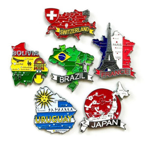 Imã de Metal de Mapas de Países com Bandeira, Cidades e Símbolos - Escolha os Países da Lista