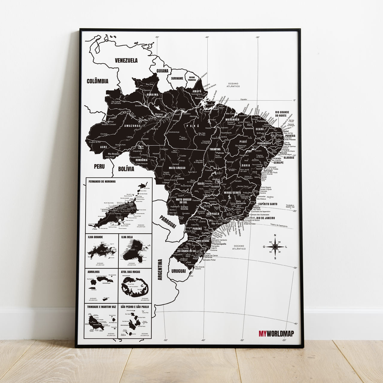 Mapa do Brasil Minimalista com Cidades, Praias, Rios e Ilhas - Branco